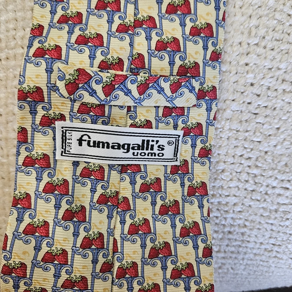 Fumagalli's Uomo Pale Yellow w/ Red Strawberries Patterned  Silk Tie